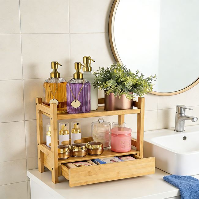 2-Tier Bamboo Bathroom Organizer With Hidden Drawer manufacturers